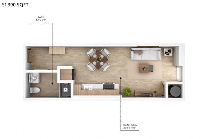 Floor plan for studio, 1 bath, 390 sqft